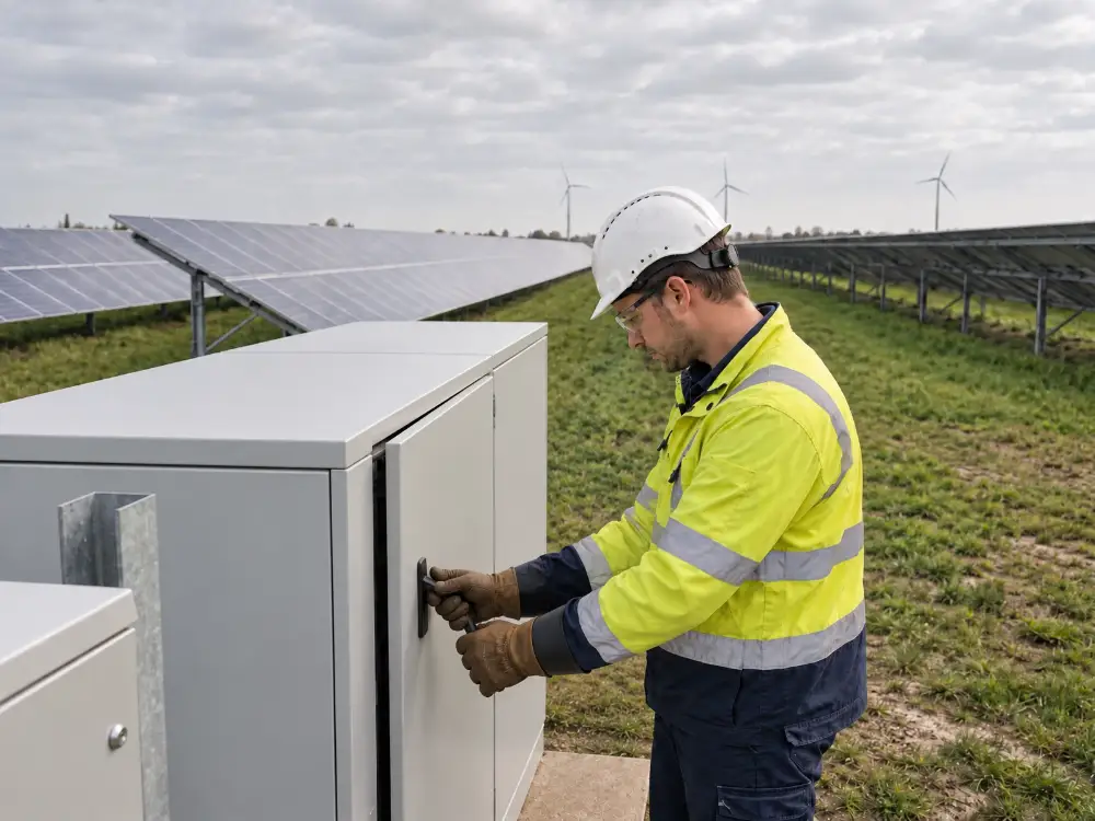 Monteur opent een schakelkast bij een zonnepark, met windmolens op de achtergrond