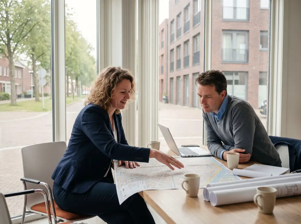 Twee collega's bekijken een plattegrond met bouwtekeningen op tafel