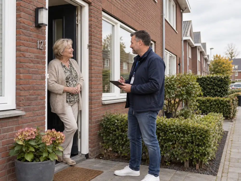 Medewerker met tablet in gesprek met een huurder bij de voordeur